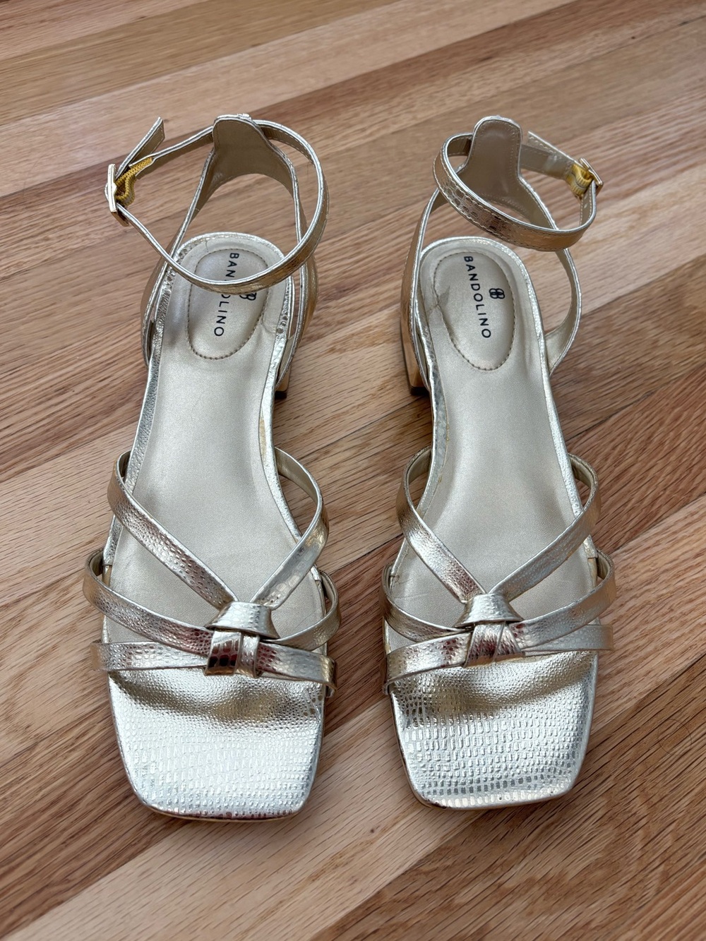 Bandolino Metallic Gold Strappy Block Heel Sandals, Size 7